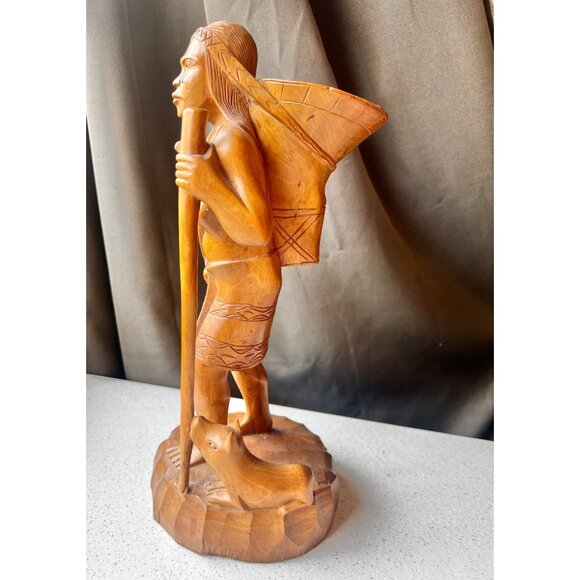 Hand-Carved Ifugao Female Wood Sculpture Narra Wood With Dog Figurine 13.5" Tall - Picture 5 of 14